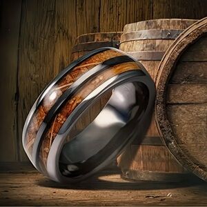Men’s 304 Stainless Steel Black Brown Whiskey Barrel Wood Inlay Wedding Ring